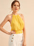 Lace Panel Ruffle Hem Halter Top