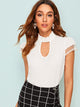 Frilled Neck Dobby Dot Mesh Sleeve Top