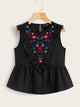 Ruffle Trim Embroidery Print Peplum Top