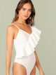 Exaggerated Ruffle Asymmetrical Neck Bodysuit