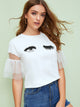 Eyes and Eyelash Print Mesh Insert Sleeve Top