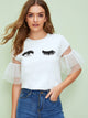 Eyes and Eyelash Print Mesh Insert Sleeve Top