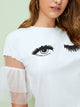 Eyes and Eyelash Print Mesh Insert Sleeve Top