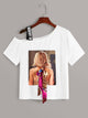 Figure Print Ribbon Asymmetrical Neck Tee