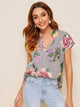 V Neck Striped & Floral Print Top