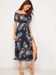 Tropical Print Tassel Trim Split Thigh Belted Bardot Dress