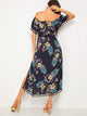 Tropical Print Tassel Trim Split Thigh Belted Bardot Dress