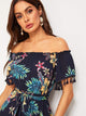 Tropical Print Tassel Trim Split Thigh Belted Bardot Dress