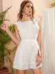 Ruffle Trim Backless Eyelet Embroidered Belted Romper