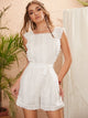 Ruffle Trim Backless Eyelet Embroidered Belted Romper
