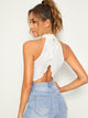 Asymmetrical Wrap Scallop Hem Crop Halter Top