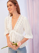 Plunging Neck Drawstring Waist Lace Insert Peplum Top