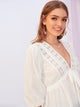 Plunging Neck Drawstring Waist Lace Insert Peplum Top