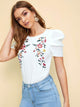 Keyhole Back Puff Sleeve Embroidery Floral Top
