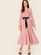 Frill Trim Shirred Front Belted Dress