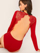 Lace Contrast Backless Skinny Bodysuit