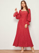 Heart Print Flounce Sleeve Square Neck Maxi Dress