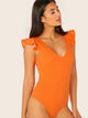 Neon Orange Lace Up Tie Back Ruffle Armhole Bodysuit