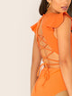 Neon Orange Lace Up Tie Back Ruffle Armhole Bodysuit