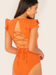 Neon Orange Lace Up Tie Back Ruffle Armhole Bodysuit