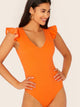 Neon Orange Lace Up Tie Back Ruffle Armhole Bodysuit