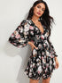 Frill Plunging Neck Backless Ruffle Hem Floral Print Dress