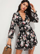 Frill Plunging Neck Backless Ruffle Hem Floral Print Dress