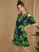 Tropical Cold-shoulder Ruffle Hem Dress