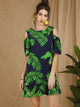Tropical Cold-shoulder Ruffle Hem Dress