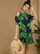 Tropical Cold-shoulder Ruffle Hem Dress