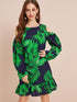 Tropical Print Cold Shoulder Ruffle Hem Dress