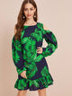 Tropical Print Cold Shoulder Ruffle Hem Dress