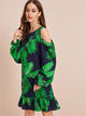 Tropical Print Cold Shoulder Ruffle Hem Dress