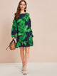 Tropical Print Cold Shoulder Ruffle Hem Dress