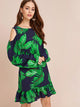 Tropical Print Cold Shoulder Ruffle Hem Dress