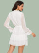 Swiss Dot Layered Ruffle Hem Belted Chiffon Dress