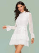 Swiss Dot Layered Ruffle Hem Belted Chiffon Dress