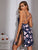 Floral Print Lace Trim Split Side Satin Dress