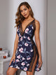 Floral Print Lace Trim Split Side Satin Dress