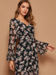 Floral Print Surplice Front Belted Chiffon Dress