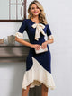 Glamaker Color-block Tie Neck Flounce Sleeve Mermaid Dress