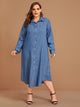 Plus Pocket Front Curved Hem Denim Shirt Dress