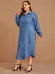 Plus Pocket Front Curved Hem Denim Shirt Dress