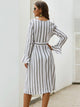 Vertical Striped Belted Flounce Sleeve Dress