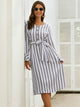 Vertical Striped Belted Flounce Sleeve Dress