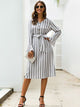 Vertical Striped Belted Flounce Sleeve Dress