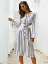 Vertical Striped Belted Flounce Sleeve Dress