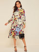 Sculpture Print Belted Mock Neck Dress
