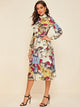 Sculpture Print Belted Mock Neck Dress