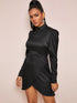 Solid Mock Neck Asymmetrical Hem Satin Dress